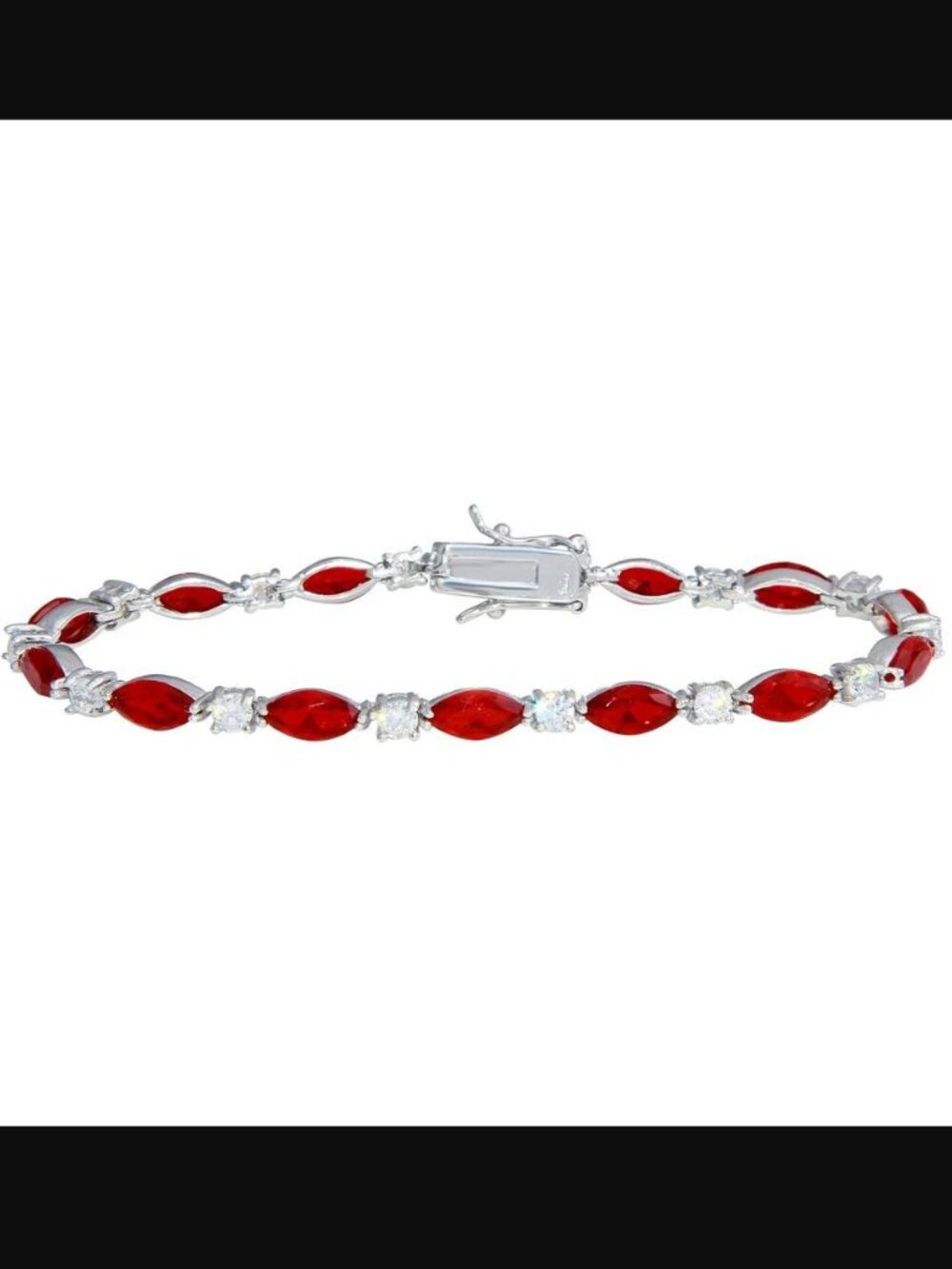Silver925 Rhodium Plated Alternating Red Oval CZ, Clear Round CZ Tennis Bracelet